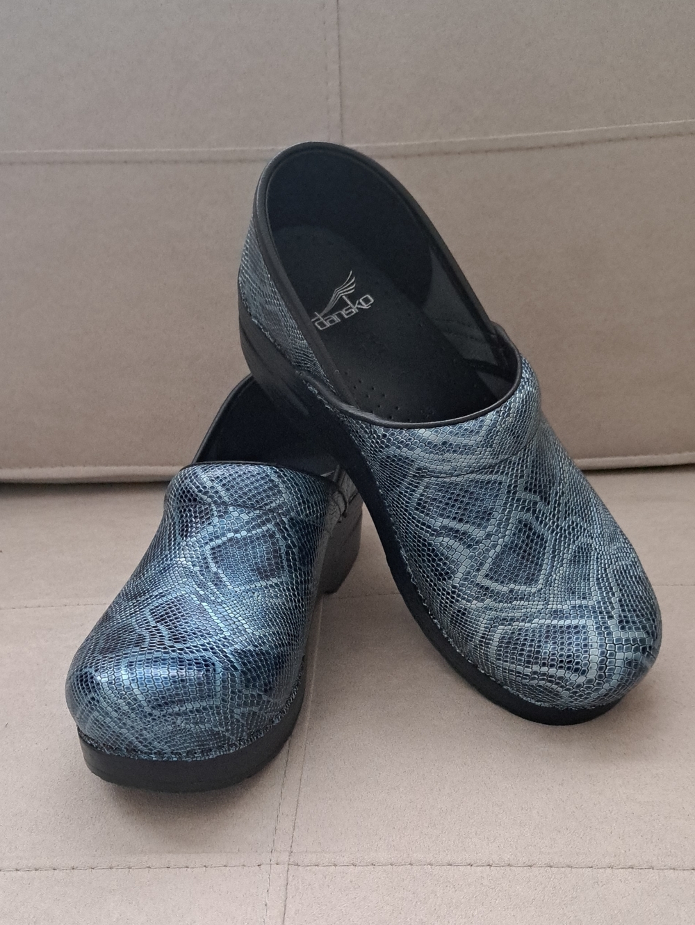 Dansko Blue Snake-Print Clogs Size 38